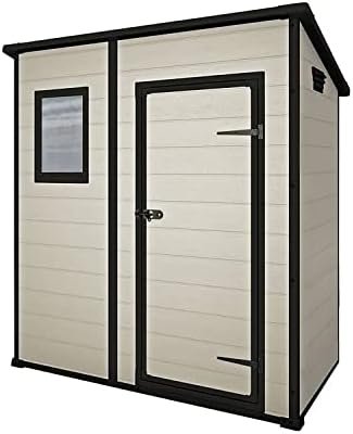 Keter Manor Outdoor Pent Single Door Garden Storage Shed 6 x 4ft Beige Brown Wood Effect Fade Free All Weather Resistant Safe And Secure Zero Maintenance 15 year Warranty