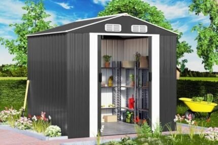 GARDEBRUK® XXL 8x6' Metal Tool Shed With Foundation | 5m² 9m³ | Apex Roof | 260x205x180cm | Sliding Door | Galvanised Steel Garden Equipment Bike Log Storage | Anthracite