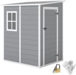 Outsunny 4 x 5FT Plastic Garden Shed with Floor, Lean to Outdoor Storage Shed, Lockable Tool Storage House with Window, Vent and Plastic Roof, Grey