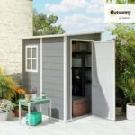 Outsunny 4 x 5FT Plastic Garden Shed with Floor, Lean to Outdoor Storage Shed, Lockable Tool Storage House with Window, Vent and Plastic Roof, Grey - Image 3