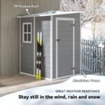Outsunny 4 x 5FT Plastic Garden Shed with Floor, Lean to Outdoor Storage Shed, Lockable Tool Storage House with Window, Vent and Plastic Roof, Grey - Image 4