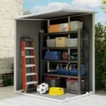 Outsunny 4 x 5FT Plastic Garden Shed with Floor, Lean to Outdoor Storage Shed, Lockable Tool Storage House with Window, Vent and Plastic Roof, Grey - Image 2
