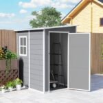 Outsunny 4 x 5FT Plastic Garden Shed with Floor, Lean to Outdoor Storage Shed, Lockable Tool Storage House with Window, Vent and Plastic Roof, Grey - Image 9