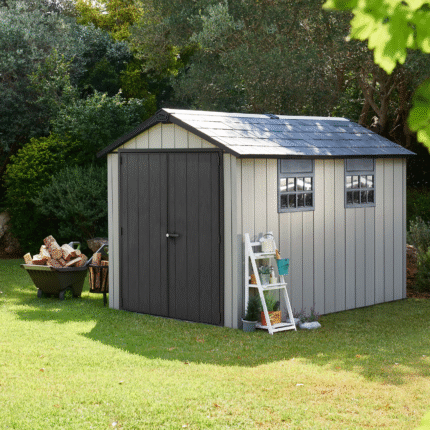 Keter Oakland 7x11 ft Apex Anthracite grey Plastic 2 door Shed with floor & 2 windows